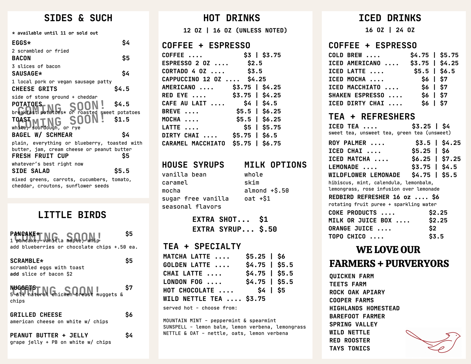 Redbird Menu The Redbird Cafe