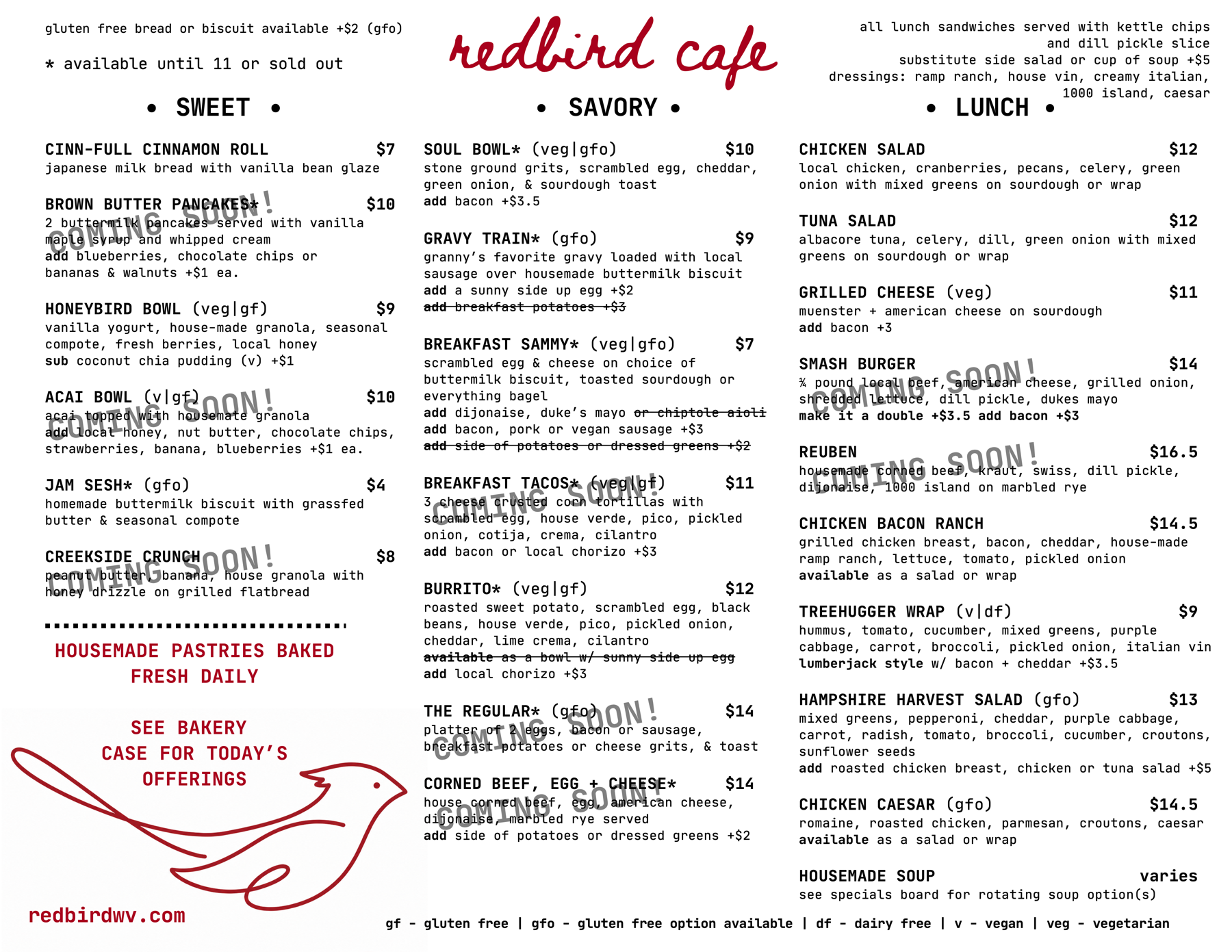 Redbird Menu The Redbird Cafe